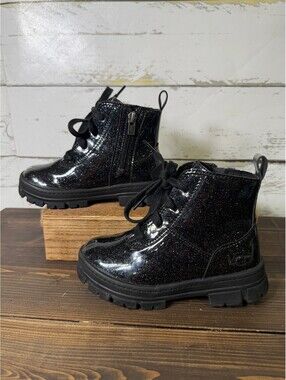 UGG Kids Ashton Lace Up Black Glitter Coated Synthetic Boots Size 10 Toddler